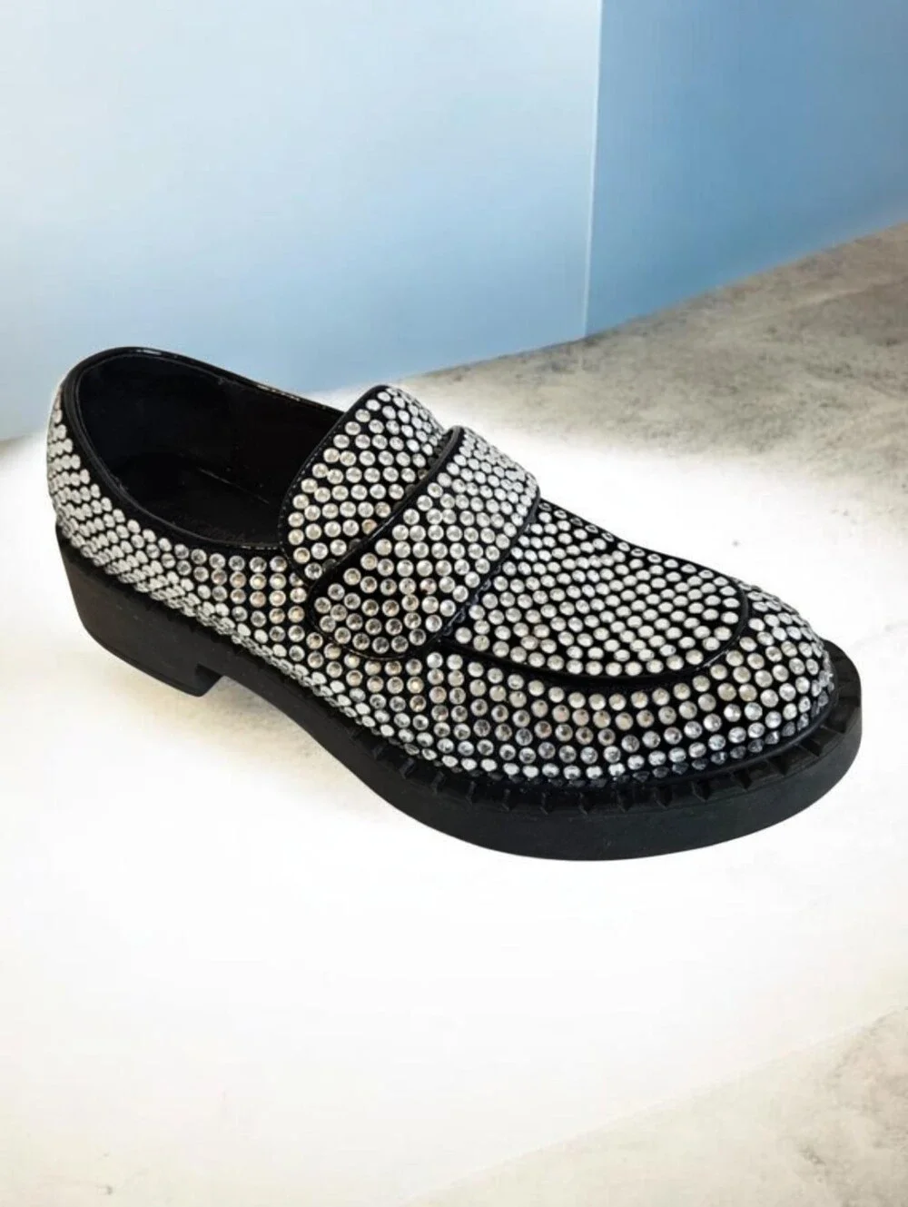Jeffrey Campbell Library Loafers 9.5 Platform Rhinestone Chunky Heel Black
